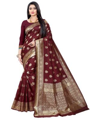 Mehrang Maroon Woven Banarasi Silk Saree with Blouse 1
