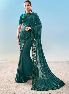 Teal embroidered fancy fabric saree with blouse 1
