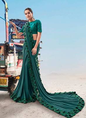 Teal embroidered fancy fabric saree with blouse 2