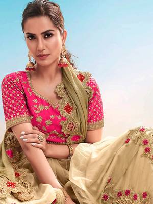 Beige embroidered fancy fabric saree with blouse 2