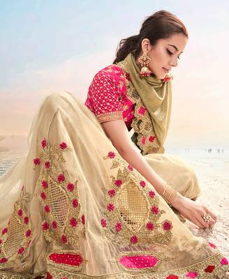 Beige embroidered fancy fabric saree with blouse 3