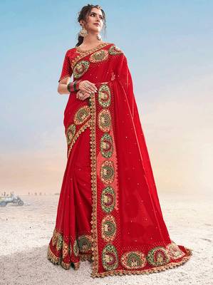 Red embroidered satin saree with blouse 1