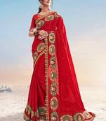 Red embroidered satin saree with blouse