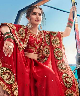 Red embroidered satin saree with blouse 2