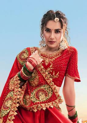 Red embroidered satin saree with blouse 3