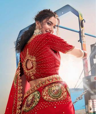 Red embroidered satin saree with blouse 4