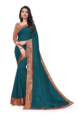 Mehrang Turquoise Blue Vichitra Silk Saree with Blouse 1