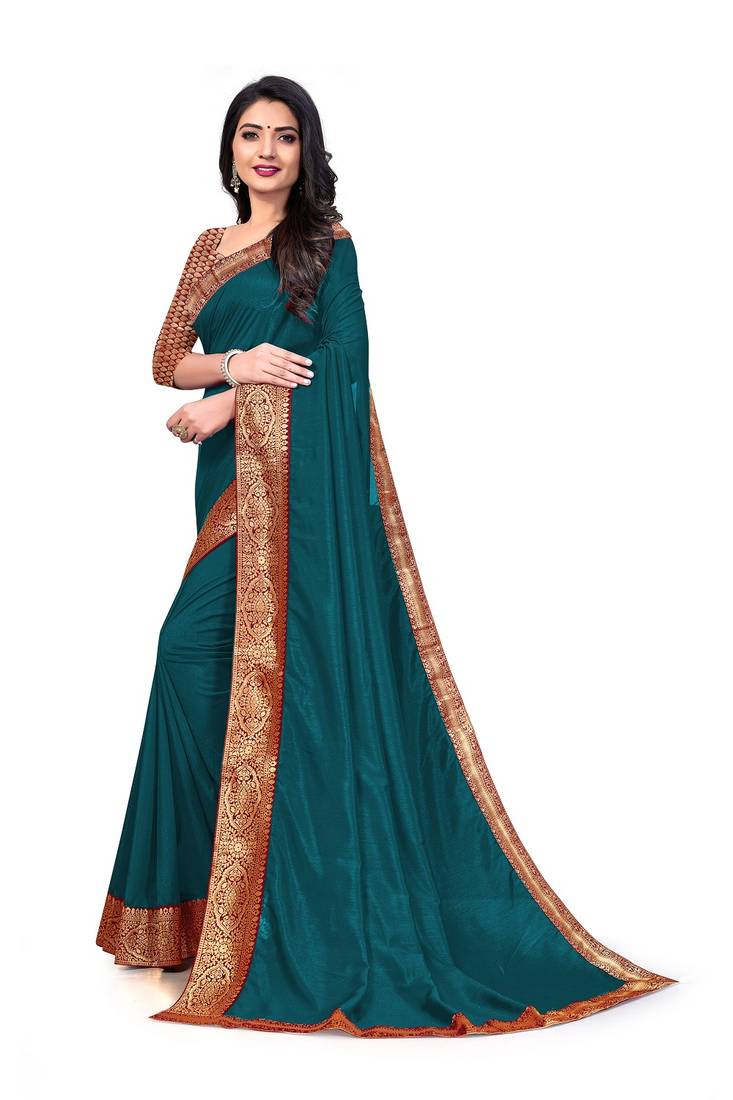 Mehrang Turquoise Blue Vichitra Silk Saree with Blouse