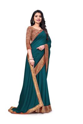 Mehrang Turquoise Blue Vichitra Silk Saree with Blouse 3