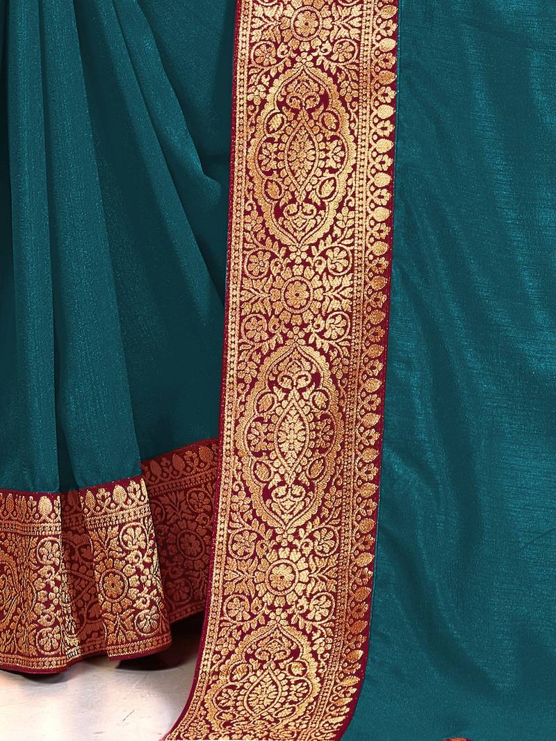 Mehrang Turquoise Blue Vichitra Silk Saree with Blouse