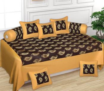 Ridan Cotton Golden Print Diwan Set With One Bed Sheet Two Bolster Cover And Five Cushion Cover 1