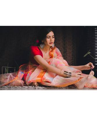 Stunning resham silk jamdani saree in peach with all over multi colour floral work 2