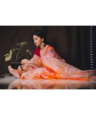 Stunning resham silk jamdani saree in peach with all over multi colour floral work 3