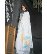 Stunning resham silk jamdani saree in white with intricate butterfly motifs