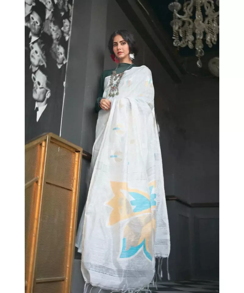 Stunning resham silk jamdani saree in white with intricate butterfly motifs