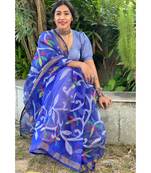 Stunning resham silk jamdani saree in cobalt blue with all over multi-color floral motifs
