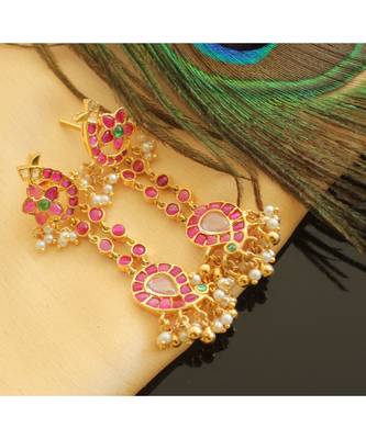 Beautiful Gold Tone Real Uncut Polki Pink Green Peacock Earrings Dj28095 1