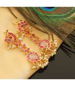 Beautiful Gold Tone Real Uncut Polki Pink Green Peacock Earrings Dj28095