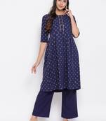 Navy-blue printed crepe ethnic-kurtis
