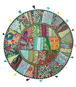 Lalhaveli Bedroom Living Room Floor Yoga Meditations Sitting Cover Round Khambadiya Patchwork Pillow Case 32 '' (Green)