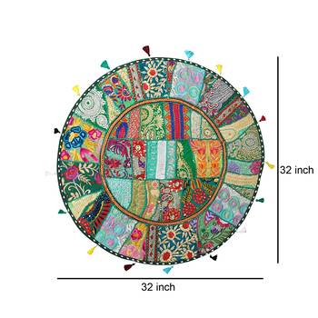Lalhaveli Bedroom Living Room Floor Yoga Meditations Sitting Cover Round Khambadiya Patchwork Pillow Case 32 '' (Green) 3