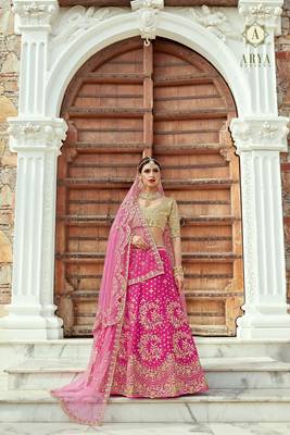 Magenta embroidered satin semi stitched lehenga 1