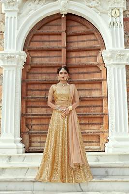 Beige embroidered satin semi stitched lehenga 1