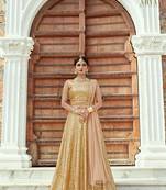 Beige embroidered satin semi stitched lehenga