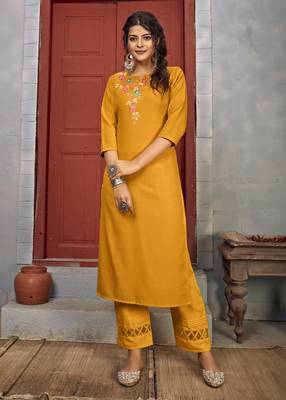 Mustard embroidered rayon salwar 1