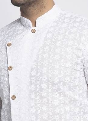 Designer White Embroidered Cotton Chikankari Men Kurta By Treemoda 2
