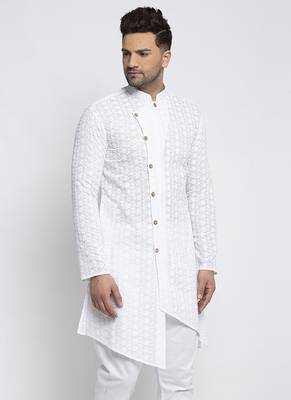 Designer White Embroidered Cotton Chikankari Men Kurta By Treemoda 3