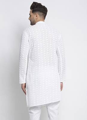 Designer White Embroidered Cotton Chikankari Men Kurta By Treemoda 4