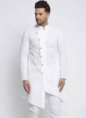Designer White Embroidered Cotton Chikankari Men Kurta By Treemoda 5