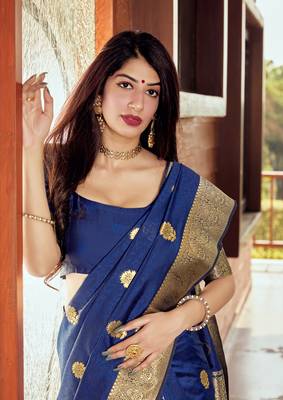 Blue woven banarasi silk saree with blouse 2