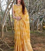 Yellow printed cotton silk saree with blouse