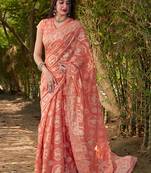 Peach printed cotton silk saree with blouse