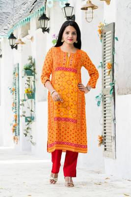 Orange printed rayon kurtas-and-kurtis 1
