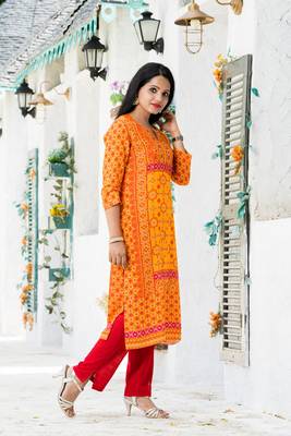 Orange printed rayon kurtas-and-kurtis 3