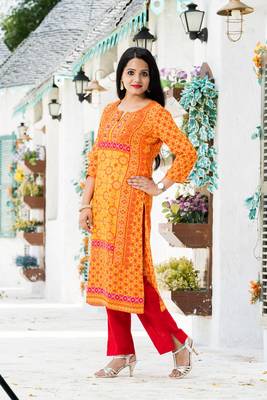 Orange printed rayon kurtas-and-kurtis 4
