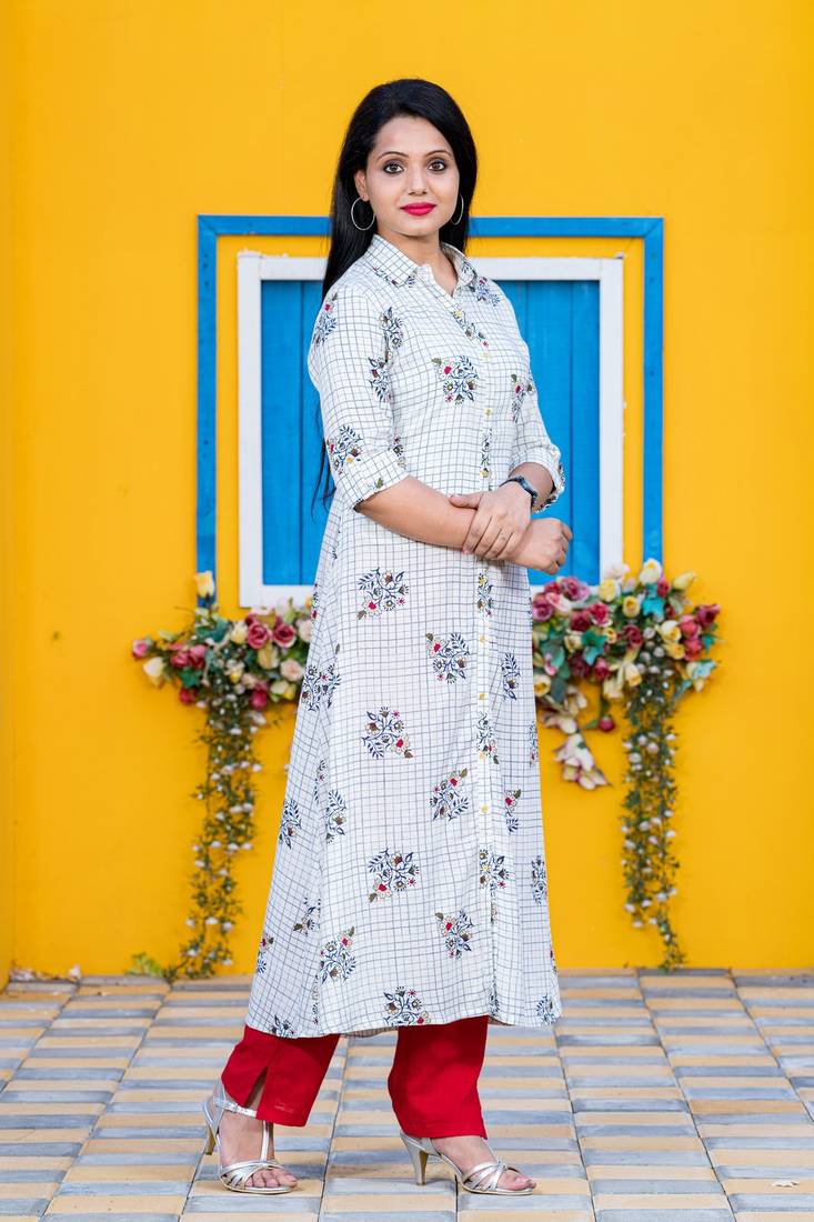 Cream printed rayon kurtas-and-kurtis