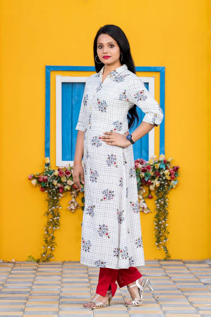 Cream printed rayon kurtas-and-kurtis