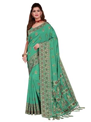 Green woven tussar silk saree with blouse 1