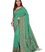 Green woven tussar silk saree with blouse