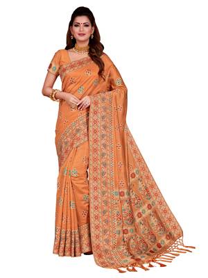 Orange woven tussar silk saree with blouse 1