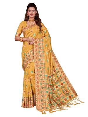 Yellow woven tussar silk saree with blouse 1