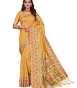 Yellow woven tussar silk saree with blouse