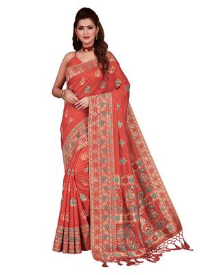 Peach woven tussar silk saree with blouse 1