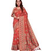 Peach woven tussar silk saree with blouse