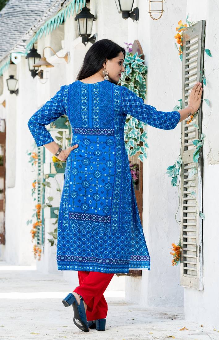 Blue printed rayon kurtas-and-kurtis