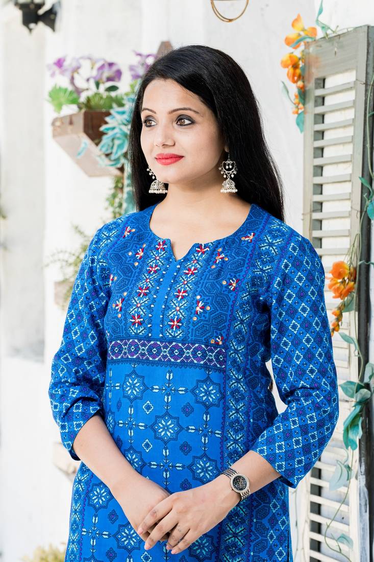 Blue printed rayon kurtas-and-kurtis